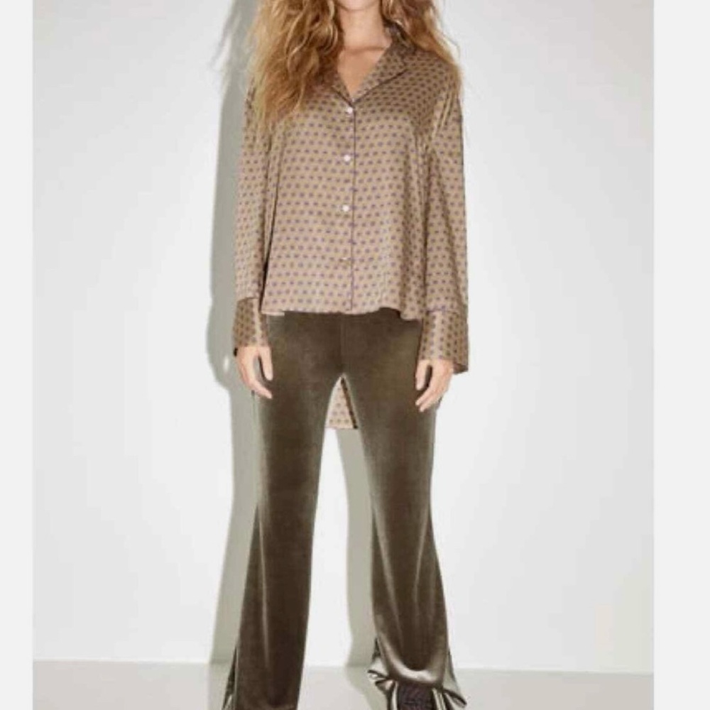 Zara Olive Velvet Flare Pants
